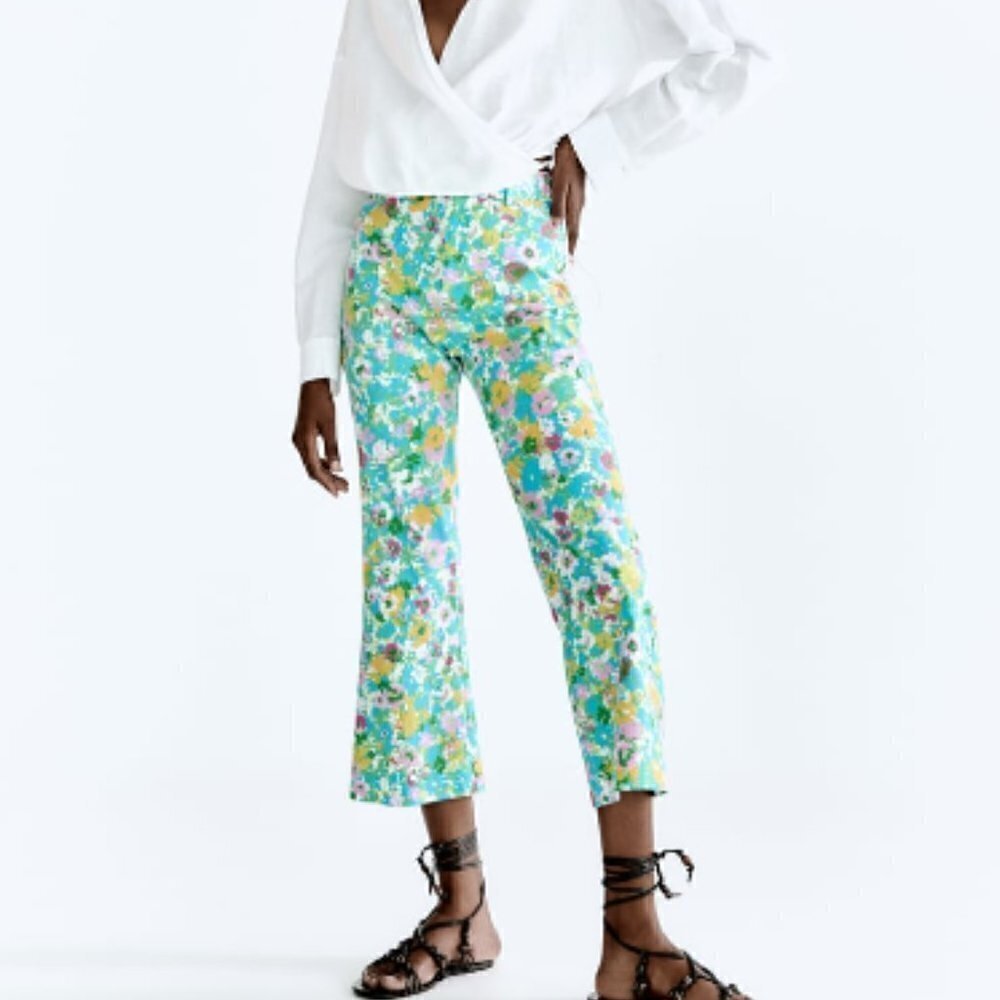 Zara NWT Printed Linen Blend Flared Trousers Green Blue Pink Floral Print Size 4